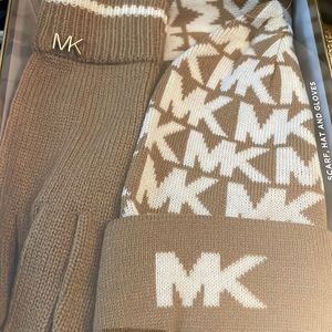 Michael Kors. Women's 3 Piece Set. MK Logo Scarf, Hat & Gloves. Camel/Cream